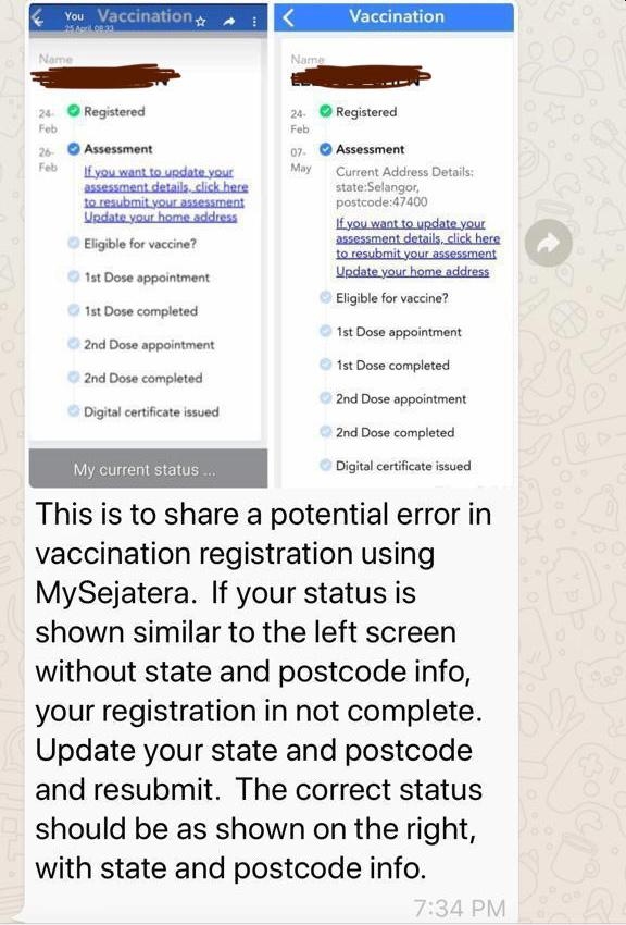 Jkjav Viral Message Claiming Mysejahtera Vaccine Registration Might Be Incomplete Is Fake News Soyacincau