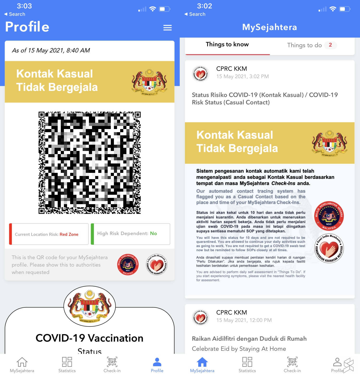 How to check casual contact location mysejahtera
